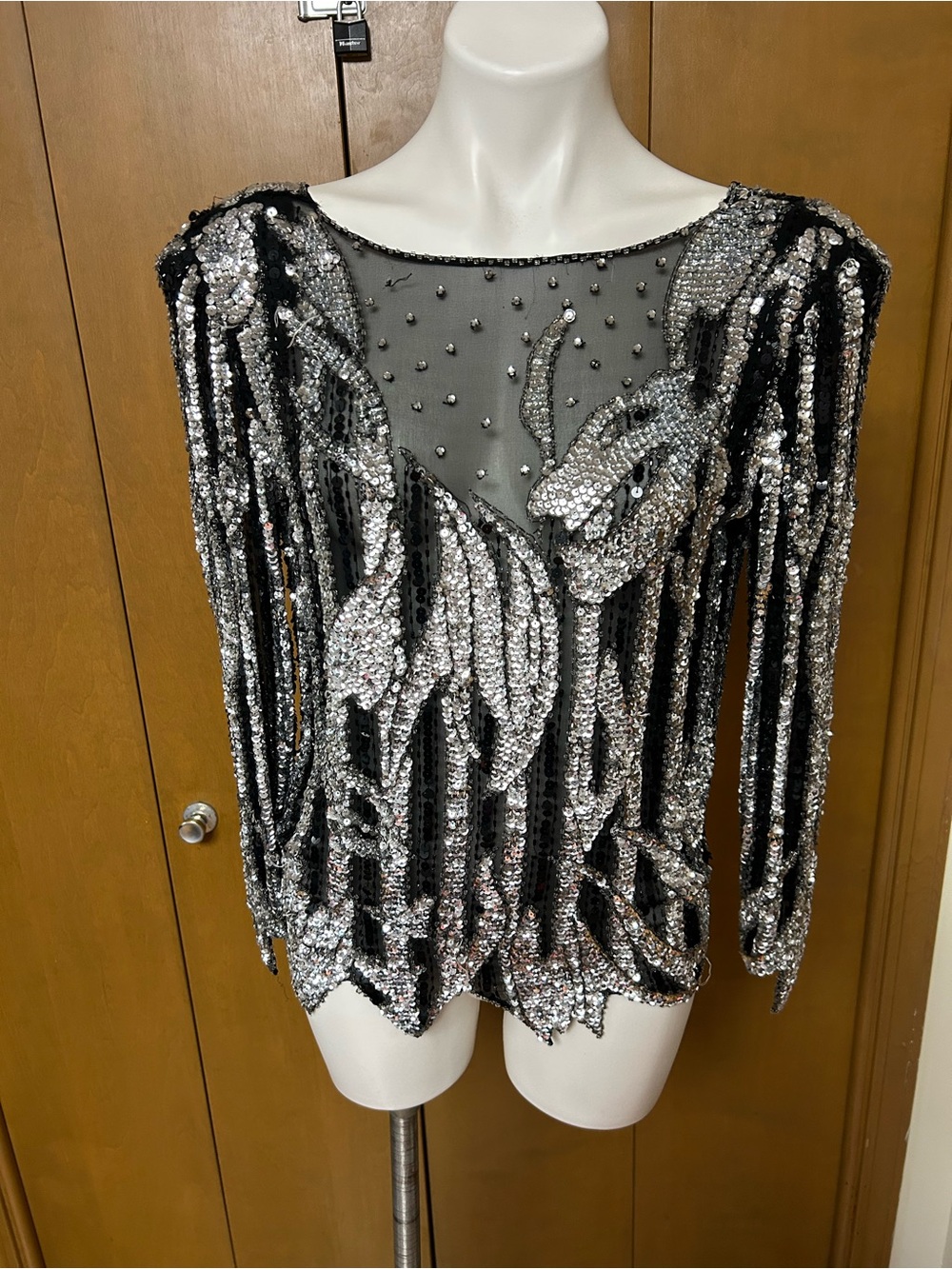 Black Sequin-Embellished Long-Sleeve Mesh Top with Silver Accents